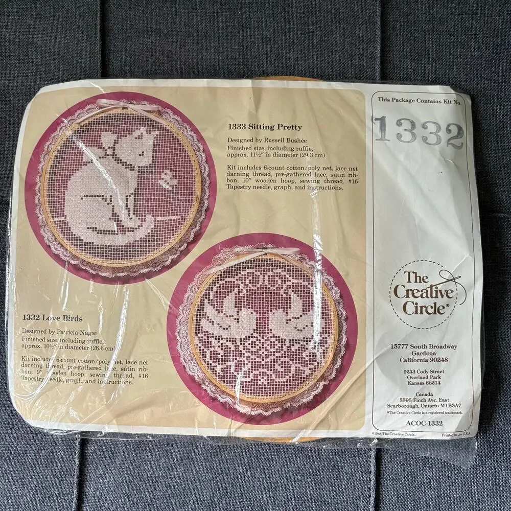 Love Birds Vintage Lace Net Darning Kit by The Creative Circle - 1988 With Hoop